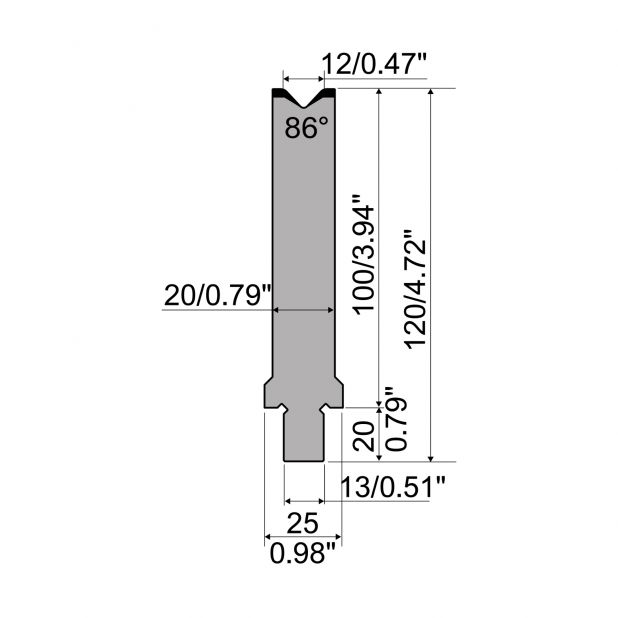Matrijs R2 type met werkhoogte=100mm, α=86°, Radius=2,5mm, Gereedschapsstaal=42Cr, Max. capaciteit=1200kN/m.