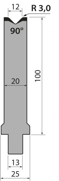 Matrijs R2 type met werkhoogte=100mm, α=90°, Radius=3mm, Gereedschapsstaal=42Cr, Max. capaciteit=1200kN/m.